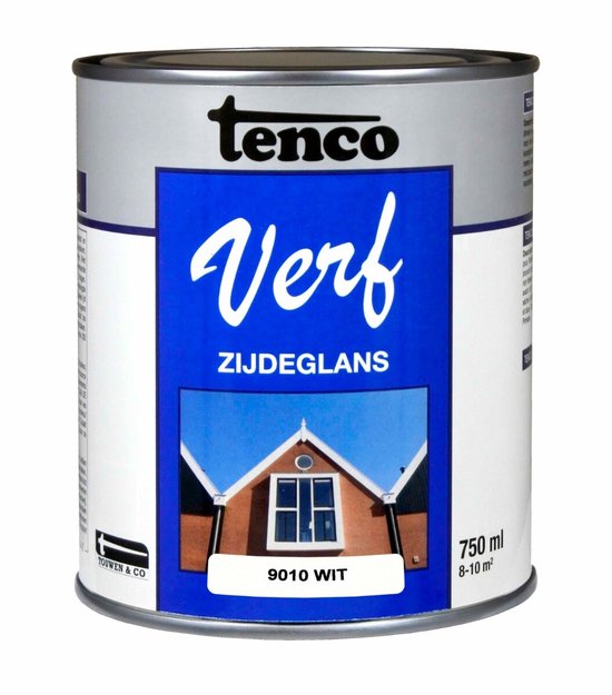 Tenco Verf Zijdeglans 9010 WIT, 750 ml blik met afbeelding van een wit geschilderd dak.
