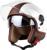 Motocubo - top cube - jethelm - dubbel vizier - wit - bruin leer - maat L - snorfiets, scooter en motorhelm - ECE 22.06