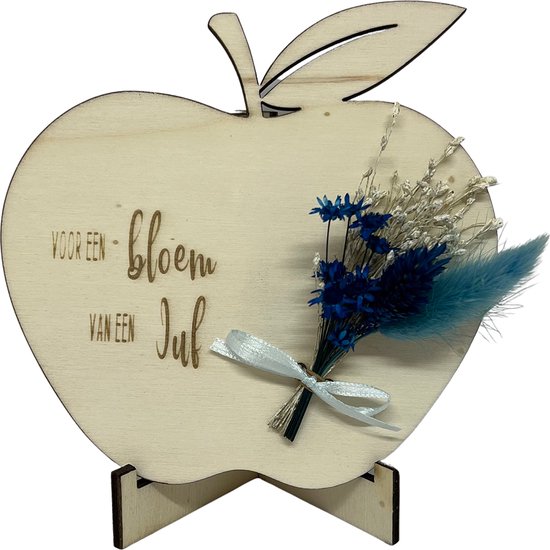 Tekstbord APPEL droogbloemen JUF | blauw | 14 cm | liefste juf | einde schooljaar | cadeau | topjuf | de liefste ben jij