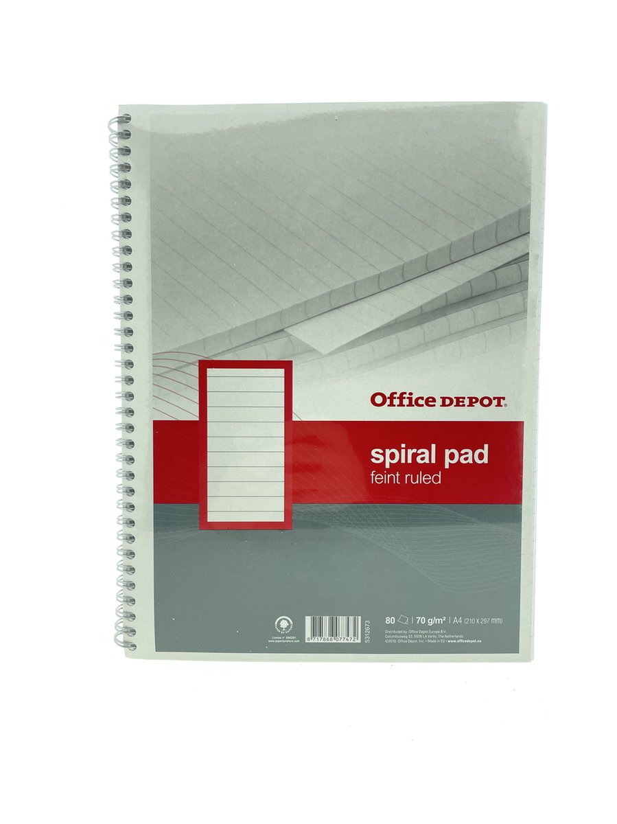 Office Depot – Spiraalblok Gelinieerd A4 – 80 Vel – 70 g/m² – Stevige Spiraalbinding
