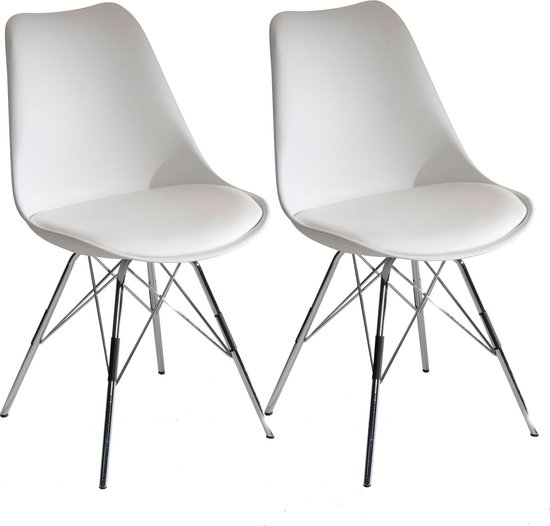 Rootz Set van 2 moderne eetkamerstoelen - Scandinavisch design - Keukenstoelen - Witte zitschalen - Zilveren poten - Plastic doppen - Weelderige bekleding - 48 cm x 85 cm x 58 cm