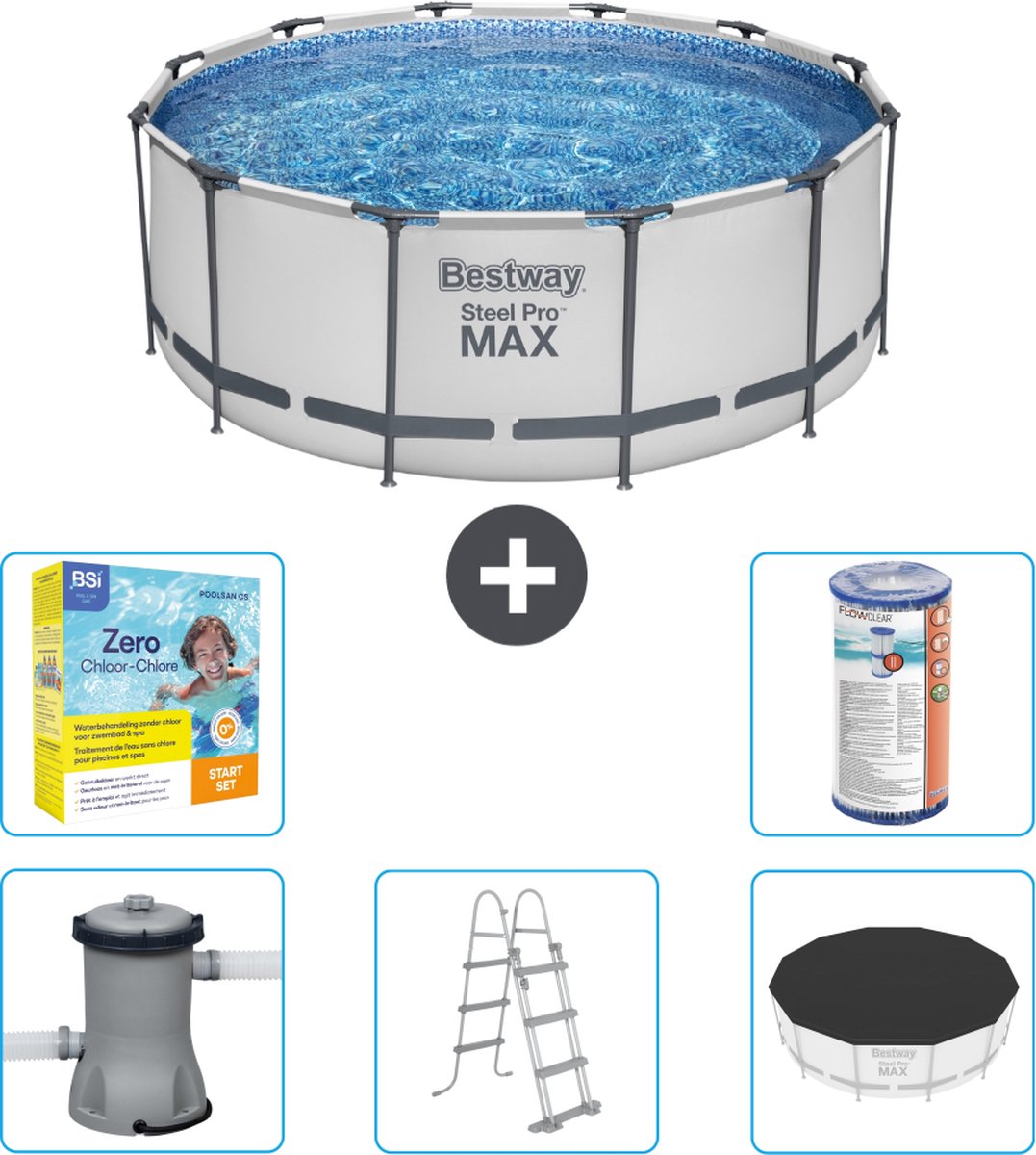 Bestway Rond Steel Pro MAX Zwembad – 366 x 122 cm – Grijs – Inclusief Pomp – Ladder – Afdekzeil Onderhoudspakket – Filter Bestway Rond Steel Pro MAX Zwembad – 366 x 122 cm – Grijs – Inclusief Pomp – Ladder – Afdekzeil Onderhoudspakket – Filter