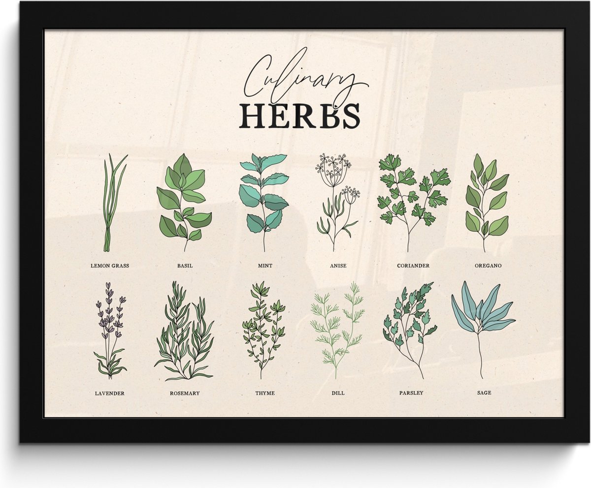 FrameYourWall Fotolijst inclusief poster - Posterlijst 40x30 cm - Posters - Kruiden - Planten - Herbs - Groen - Vintage - Foto in lijst - Keuken decoratie muur - Wanddecoratie accessoires - Muurdecoratie - Schilderijen Kruiden - Overzicht