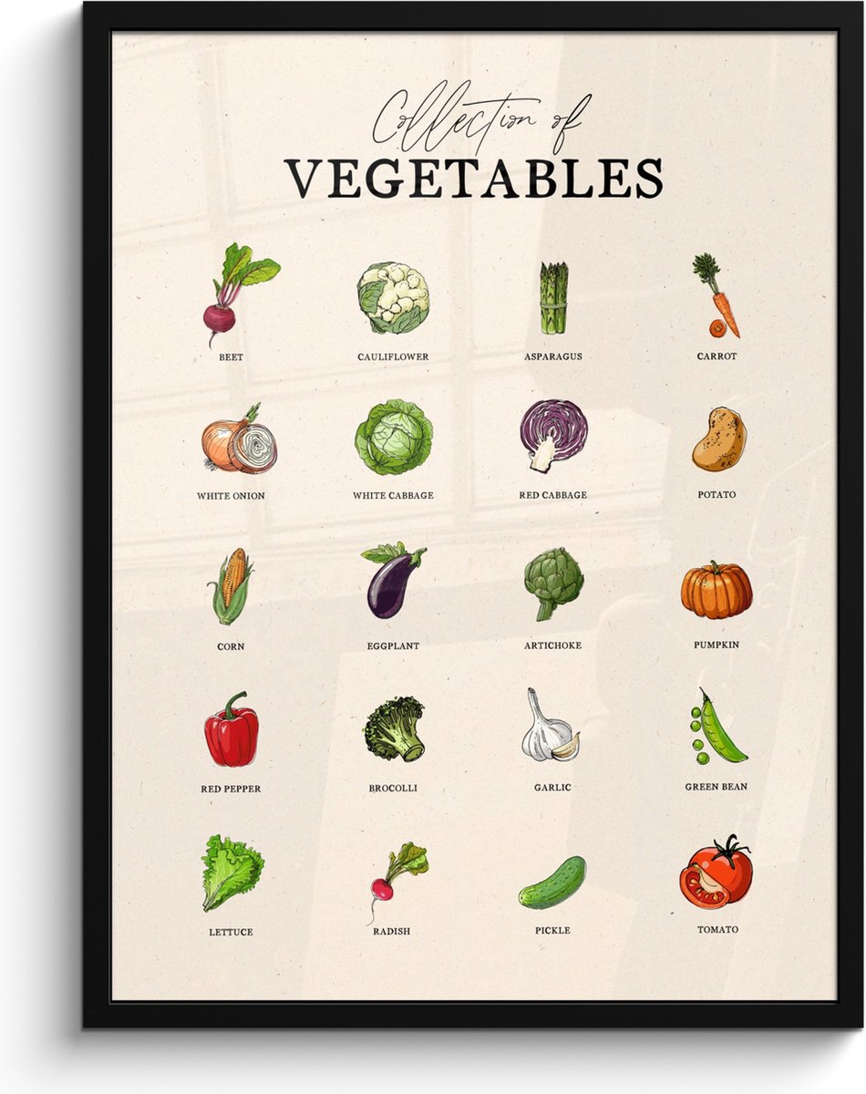 FrameYourWall Fotolijst inclusief poster - Posterlijst 60x80 cm - Posters - Groente soorten - Kleurrijk - Eten - Vintage - Foto in lijst - Keuken decoratie muur - Wanddecoratie accessoires - Muurdecoratie - Schilderijen