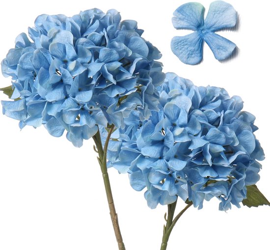 2 stuks kunstmatige hortensia's lichtblauw, Ø 19 cm kunstbloemen hortensia's als echt voor bruidsboeketten, huis, kantoor, hotel, feestdecoratie, middenstukken, bloemstukken