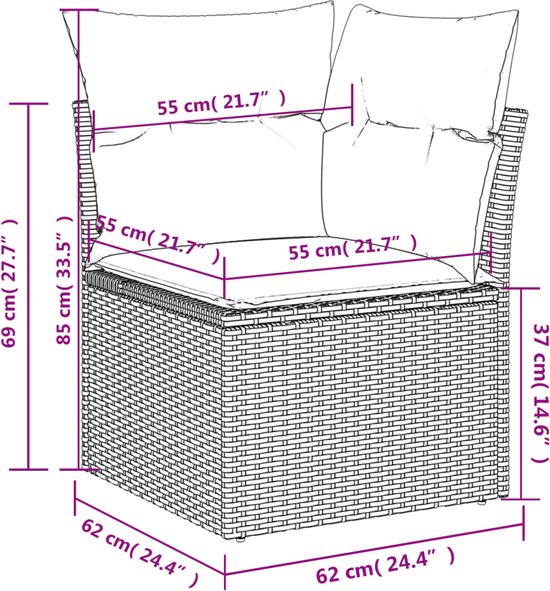 Fauteuil en rotin noir avec coussins, dimensions 62x62x85cm.