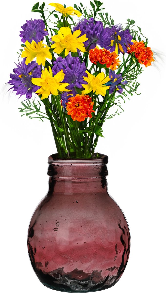 Natural Living Bloemenvaas Lourdes - donker roze transparant - gerecycled glas - 20 x 24 cm - Ronde bol vorm vazen