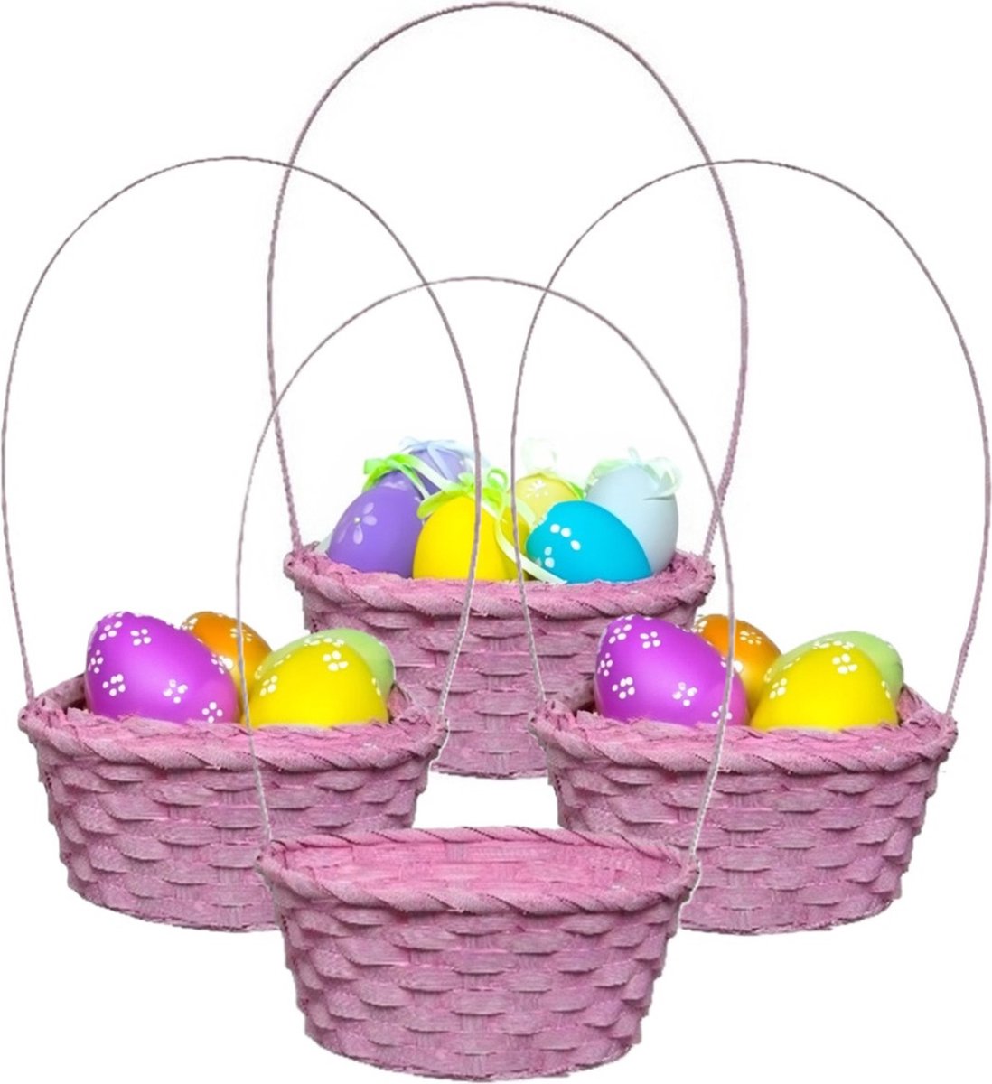 Kaemingk Rieten mandje met hengsel - 4x - roze - D20 x H38 cm - paasmandje