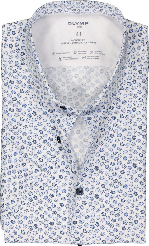 OLYMP 24/7 modern fit overhemd - korte mouw - dynamic flex - blauw met wit bloemen dessin - Strijkvriendelijk - Boordmaat: 39