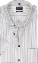 OLYMP modern fit overhemd - korte mouw - popeline - wit met beige en blauw gestreept - Strijkvrij - Boordmaat: 46