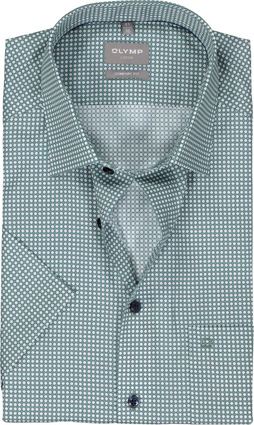 OLYMP comfort fit overhemd - korte mouw - popeline - wit met blauw en groen dessin - Strijkvrij - Boordmaat: 44