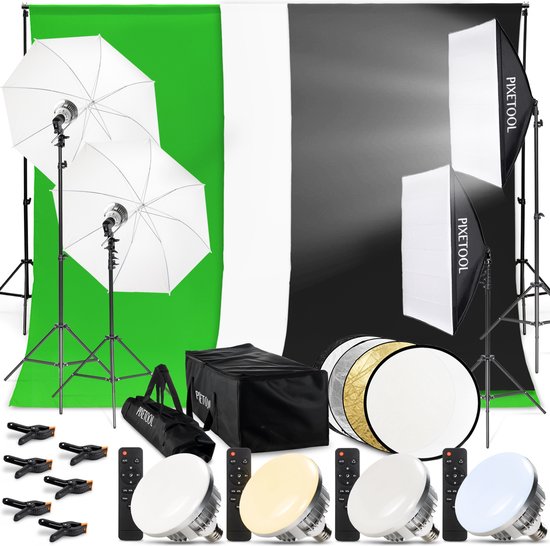 Pixetool Green screen 3 x 3M met Achtergrondsysteem 2,6 x 3M – Fotostudio Set – Greenscreen Set – Inclusief Wit en Zwart achtergronddoek, Softbox, Paraplu’s, Lamphouders, LED lampen, Reflectiescherm & Draagtas