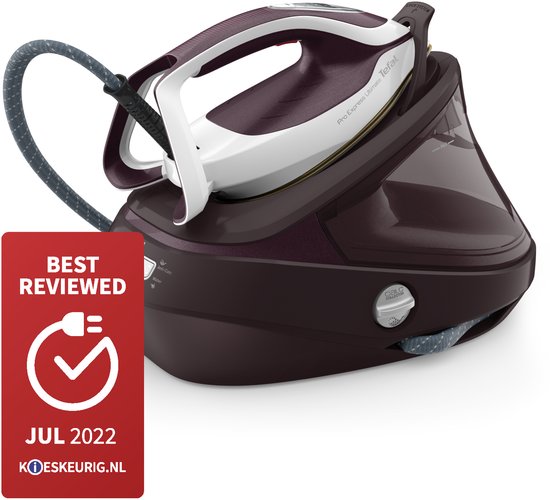 Bordeauxrode stoomgenerator met witte accenten en een 'BEST REVIEWED' sticker.