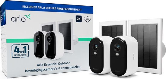 Arlo Essential 2K draadloze beveiligingscamera voor buiten en zonnepanelen - 2 Camera's & 2 Zonnepanelen