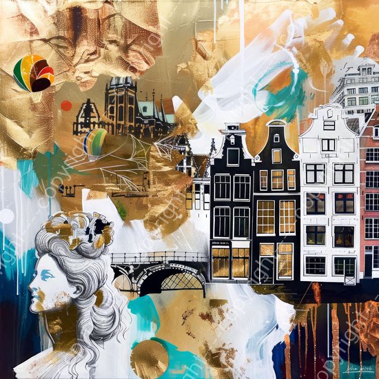 JJ-Art (Aluminium) 100x100 | Amsterdam, huizen, brug, gracht, abstract, beeld, mensen, abstract, kunst | stad, Nederland, c,ollage, vierkant, wit, goud, bruin, turquoise, blauw, modern | foto-schilderij op dibond, metaal wanddecoratie