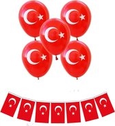 Turkse Vlag Ballon 10 Stuks + Turkse Papier Vlag 5m Slinger Set - Voordel Pack - Vlaggenlijn Turkije en Turkse Vlag Ballonen