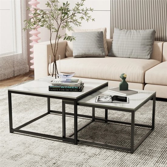 Ensemble de table basse - Table avec dessus en marbre - Set de 2 - table basse de luxe - blanc - 65x65