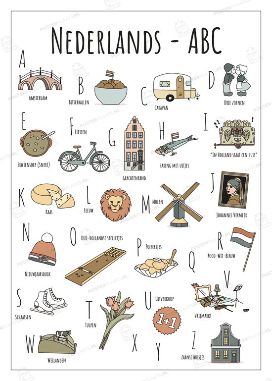 ABC Ansichtkaart Nederland - Set van 4 Stuks - A6 Kaarten (10,5 x 14,8 cm) - Holland Souvenir - Woondecoratie - Relatiegeschenk - Handgetekende Illustraties