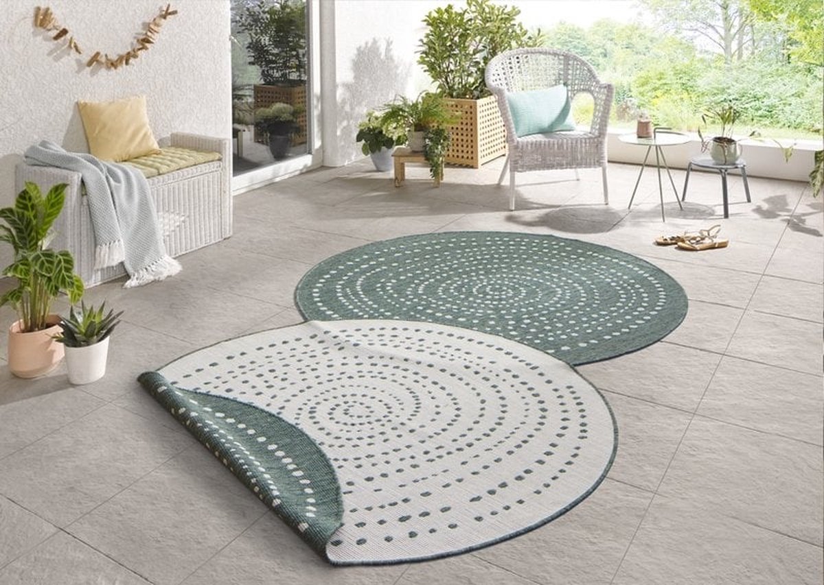 Flycarpets Omkeerbaar Vloerkleed - Binnen & Buitenkleed Bali- Groen / Creme - 140x140 cm
