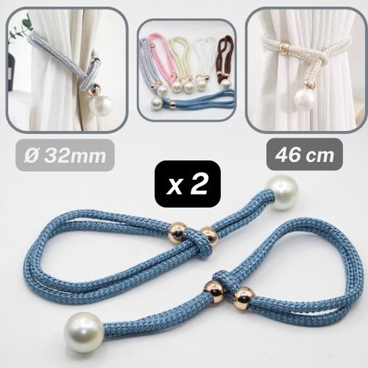 1 PAAR LUXE GORDIJNHOUDERS/EMBRASSES GORDIJN, GORDIJNKOORD om te Knopen, Lengte 46CM, Maximale Dikte 32MM, Met GOUDEN KOORDEINDEN en WITTE, KOORDSTOPKNOOP, Kleur BLAUW