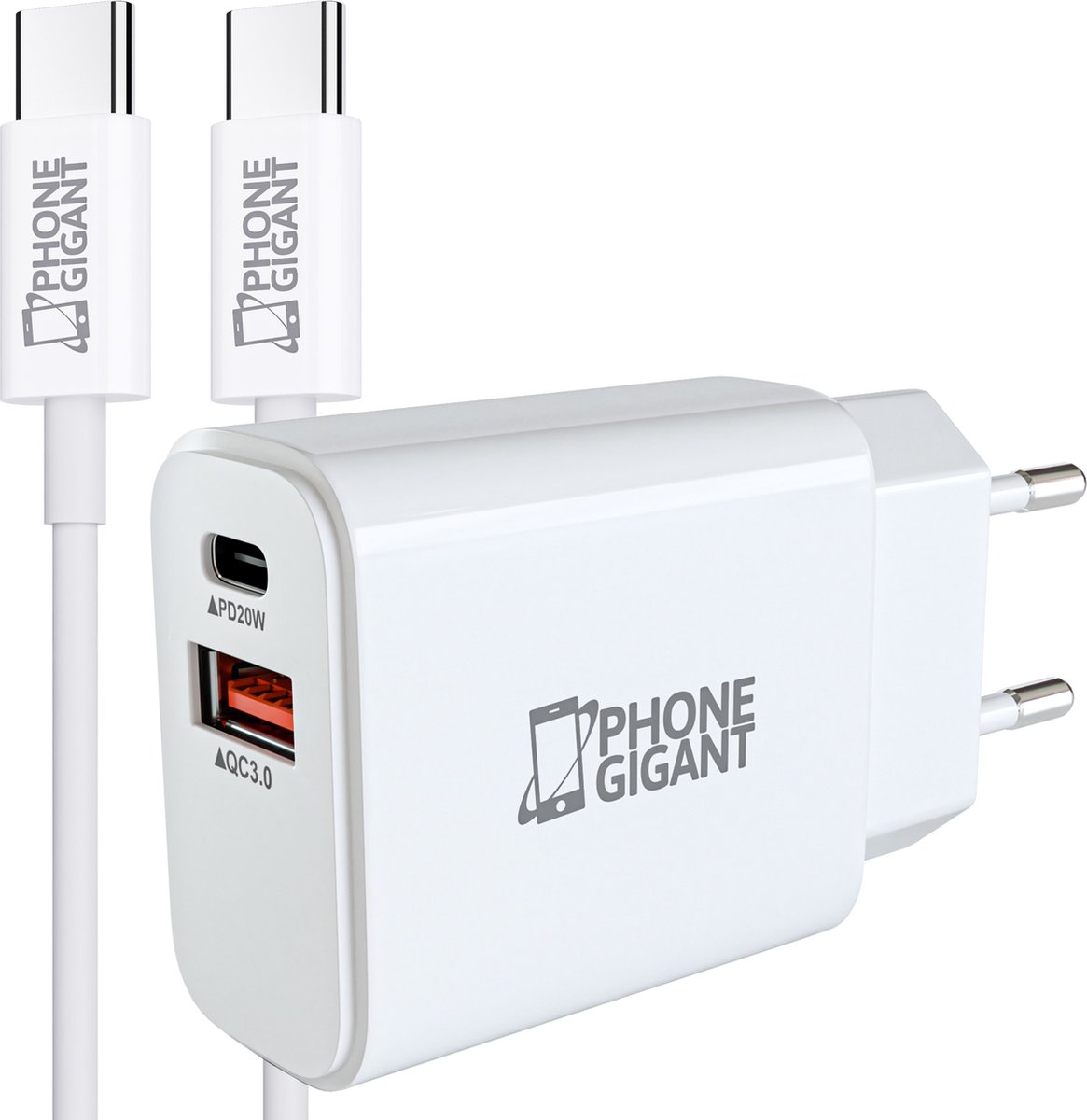 Snellader USB-C en USB-A 20W met USB C Kabel 2 meter - Geschikt voor Apple iPhone 15 (Pro) en Samsung - Universeel - USB C naar USB C - Data en snelladen