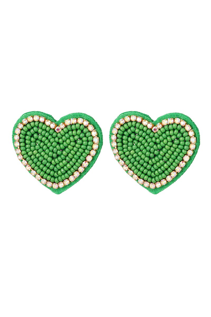 Kralen oorbellen hart met strass Groen Glas