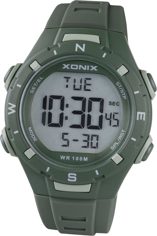 Xonix DBB-002 - Horloge - Digitaal - Unisex - Rond - Siliconen band - LCD - ABS - Cijfers - Achtergrondverlichting - Alarm - Start-Stop - Chronograaf - Tweede tijdzone - DonkerGroen - LichtGroen - Waterdicht - 10 ATM