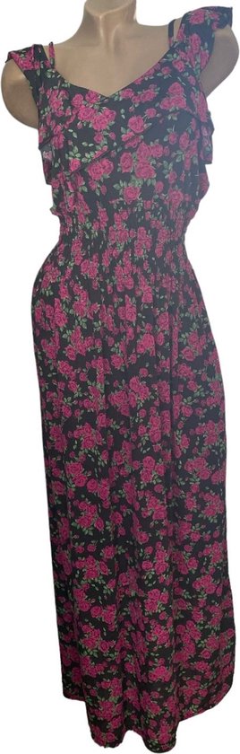 Dames maxi jurk met bloemenprint S/M zwart/roze