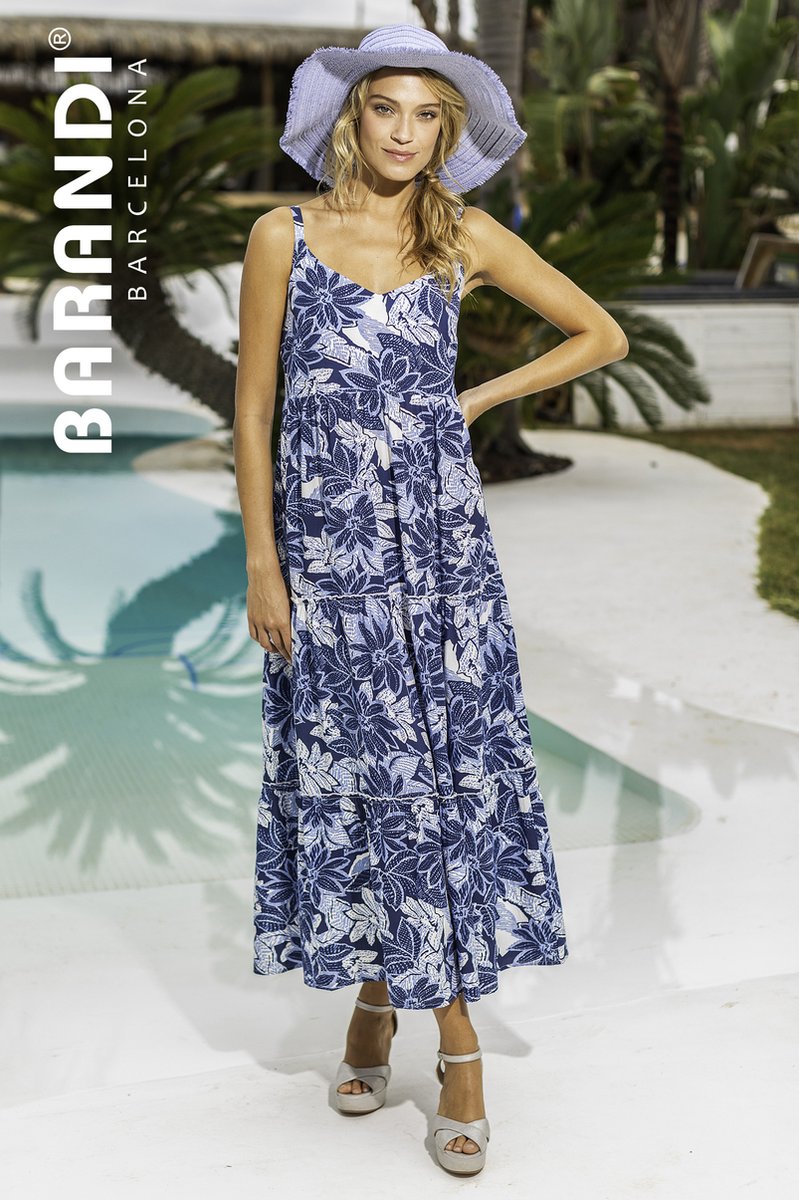 Barandi - Lange Strandjurk - Wit/Blauw Bloemen - L