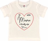 T-shirt Kinderen "De liefste mama is toevallig mijn mama" Moederdag | korte mouw | Wit/rood/zwart | maat 122/128