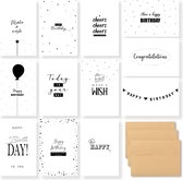 Partizzle 36x Verjaardagskaarten Met Envelop - Zwart en Wit - Verjaardagskaart Versturen - Volwassenen - Duurzaam - 15x10 cm / Minimalistich