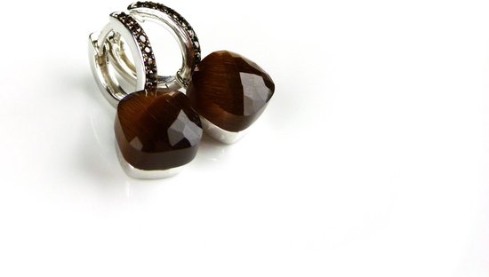 Zilveren oorringen oorbellen model pomellato gezet met bruine steen