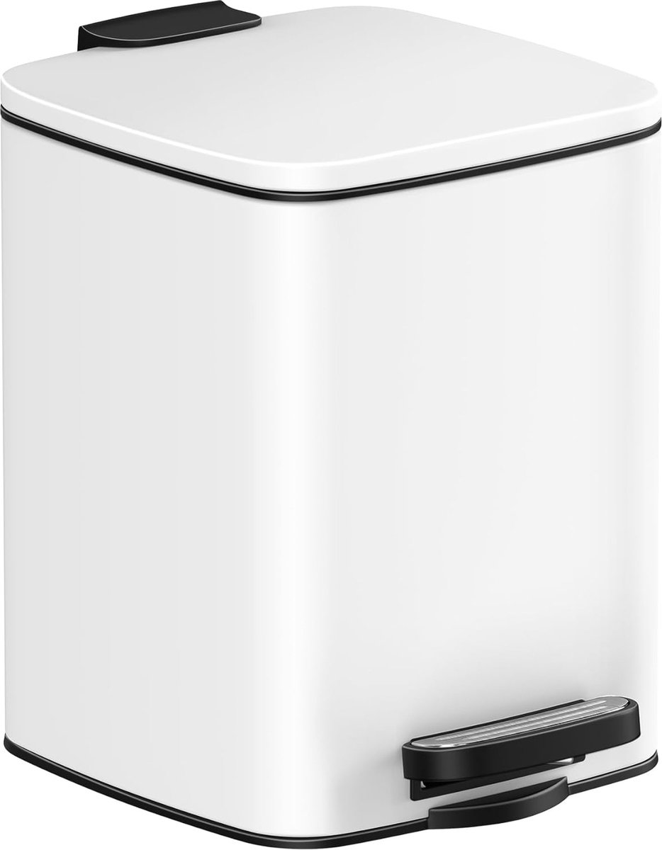 Goedkoopste Afvalemmer voor badkamer, afvalbak voor pedaal met deksel, 6 l, voor kleine ruimtes, zachte sluiting, van staal, wit