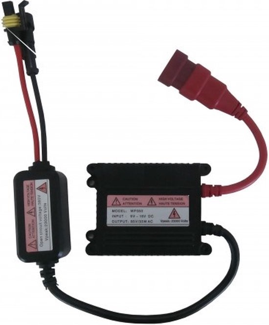 Een enkele XEOD HID ballast met rode en zwarte kabels en een stekker.