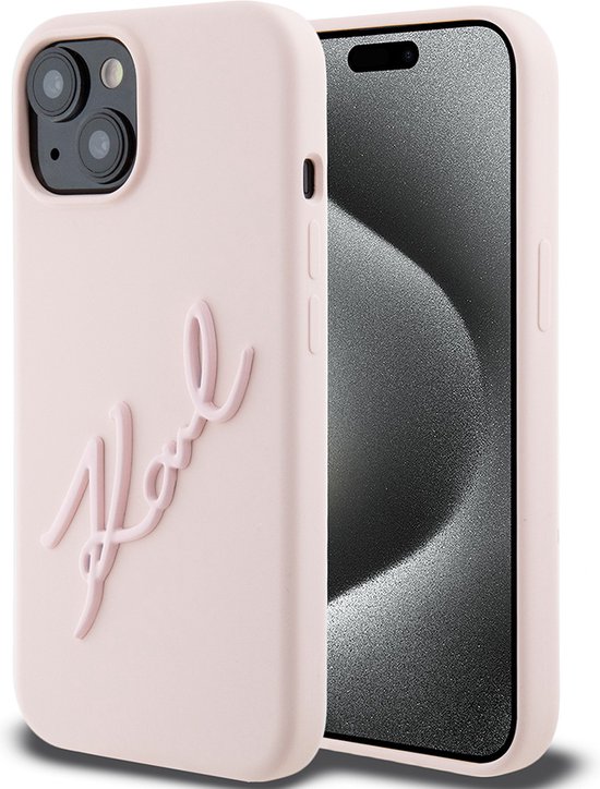Coque arrière iPhone 15/14/13 - Karl Lagerfeld - Rose uni - Simili cuir