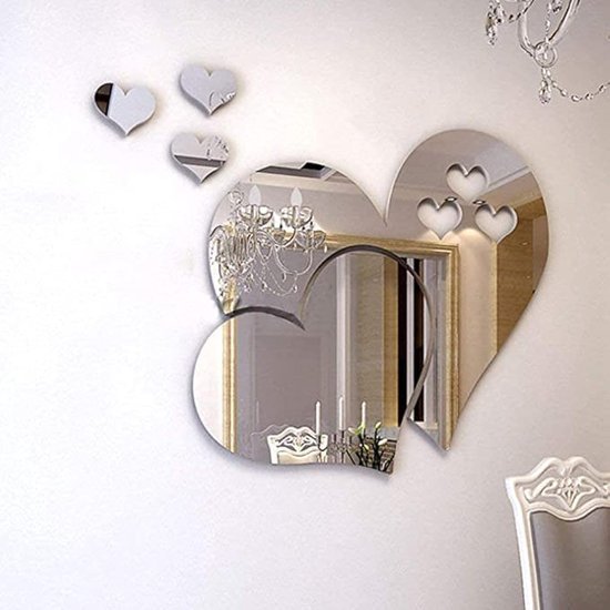 Spiegel muursticker, 3D kristal dubbele liefde hart acryl DIY kunst muurstickers home woonkamer badkamer TV achtergrond decor, 10 stuks / 2 sets (zilver)
