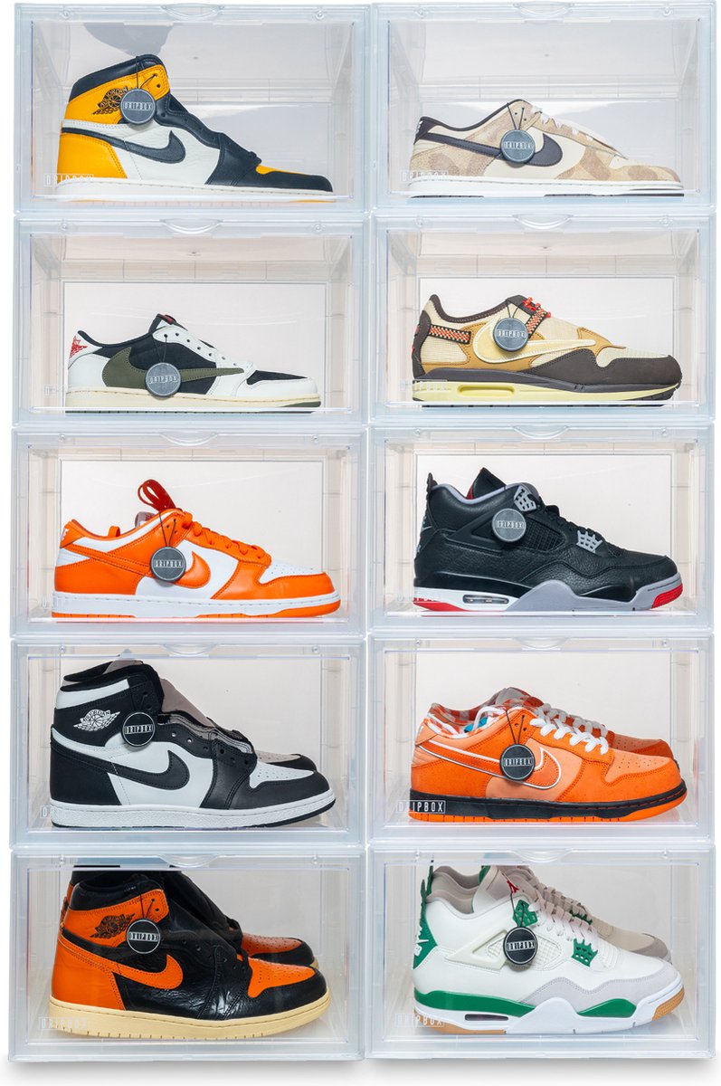 Dripbox - Sneakerbox 10-pack Transparant | Sneaker Crate Transparant | Sneaker Box | Schoenenopberger | Sneakerbox | Schoenenkast | Sneaker opbergsysteem | Sneakercrate | Met magnetische sluiting | Doorzichtig | Clear