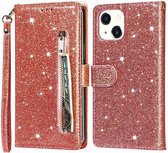 Glitter Bookcase Hoesje Geschikt voor: iPhone 14 met rits - hoesje - portemonneehoesje - Rosé Goud - ZT Accessoires