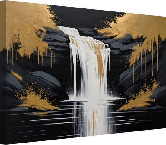 Waterval met zwart en goud schilderijen - Waterval schilderijen - Canvas schilderij Natuur - Vintage schilderij - Canvas schilderijen woonkamer - Decoratie muur 150x100 cm