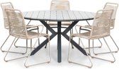 LUX outdoor living Cervo Grey/Gladys zand dining tuinset 6-delig | polywood + touw | 144cm rond | 5 personen