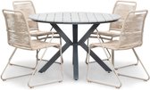 LUX outdoor living Cervo Grey/Gladys zand dining tuinset 5-delig | polywood + touw | 120cm rond | 4 personen