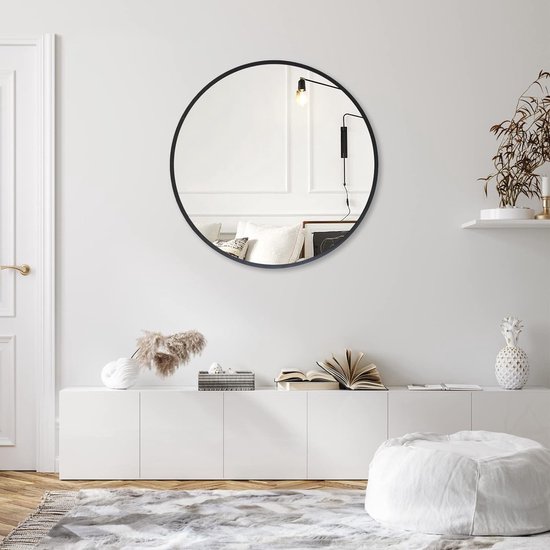 Ronde spiegel, 60 x 60 cm, metalen frame, wandspiegel, grote badkamerspiegel, cirkel hangende wandspiegel, zwarte wandspiegel voor woonkamer, slaapkamer, entree, decoratie