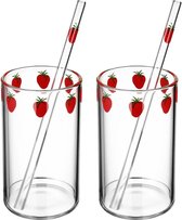 2 Delig - Aardbei Glazen Set - 300ml - Helder Glazen Kopjes met Rietjes - Glazen Sap en Cocktail Drinkglazen - Glas Bierpul Blikglazen Aardbei Glazen Fles Espresso Kopje Helder Cocktailglazen
