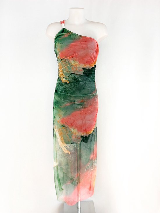 One shoulder marble jurkje - Groen/oranje/beige - Lange jurk met marmer print - Zomerjurk met stretch - Zomerkleding voor dames - One-size - Een maat