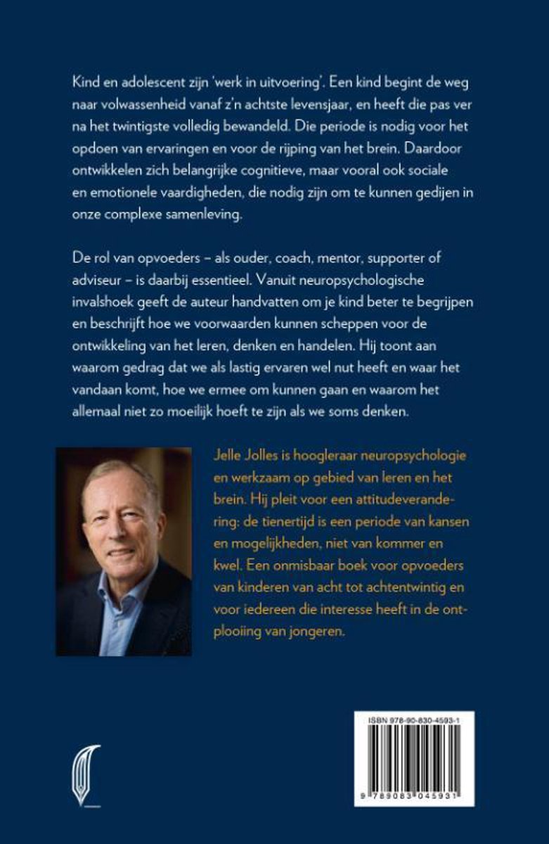 Foto van Jelle Jolles, auteur van "Leer je kind kennen". De achterkant van het boek bevat tekst en een ISBN-barcode.