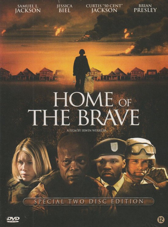 DVD-hoes van 'Home of the Brave'. Vier close-up portretten van acteurs, met een silhouet van een soldaat op de achtergrond.