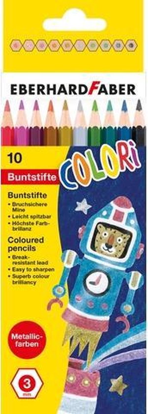 Verpakking met 10 Eberhard Faber Colori metallic kleurpotloden in een kartonnen etui met een robot- en raketillustratie.