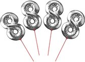 Cijferballon folie nummer 8 op stokje - Folieballon opblaascijfer 8 zilver 30 cm - 4 STUKS