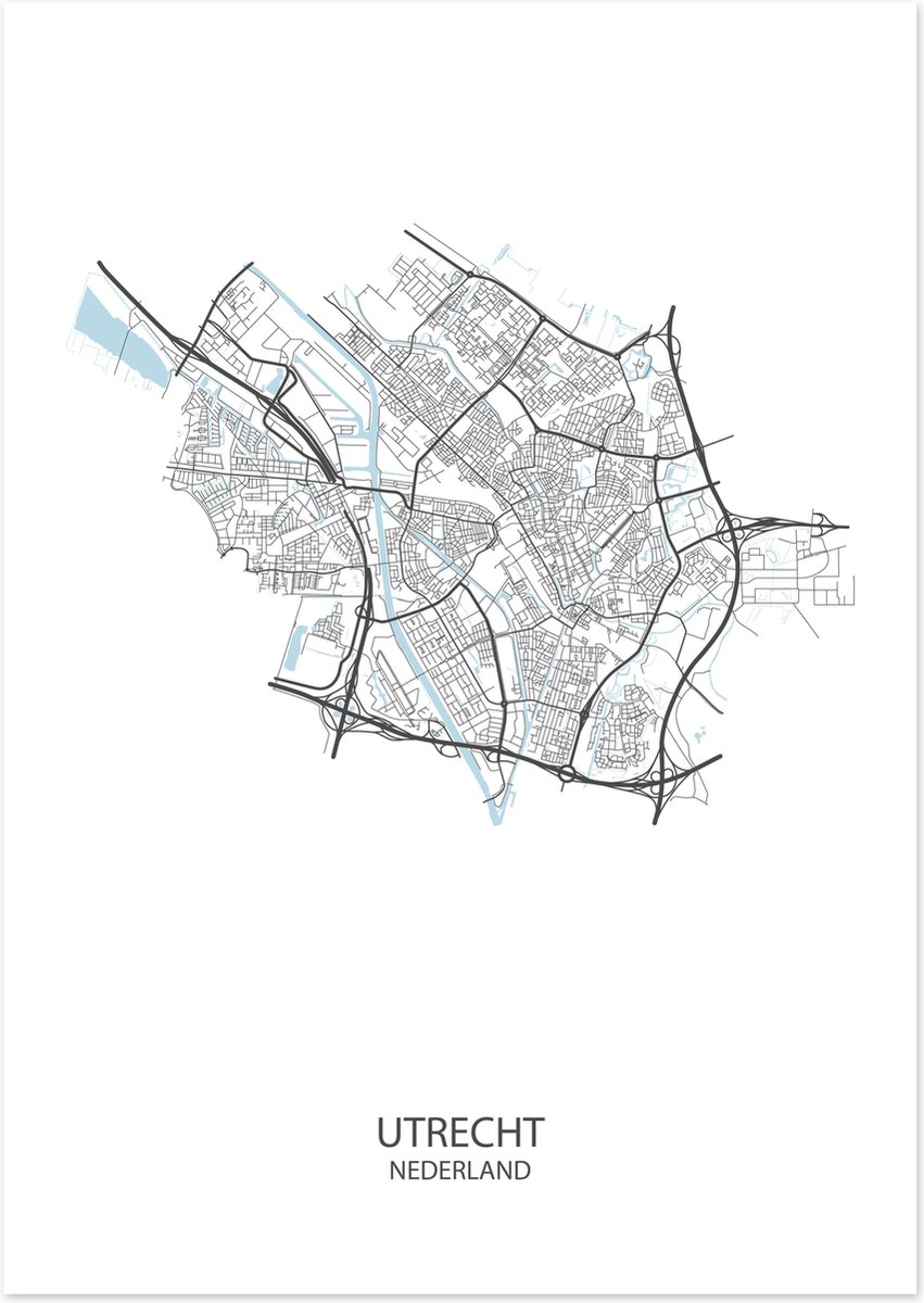 De Lange Koe Poster - Utrecht Plattegrond - 42 X 29.7 Cm - Wit