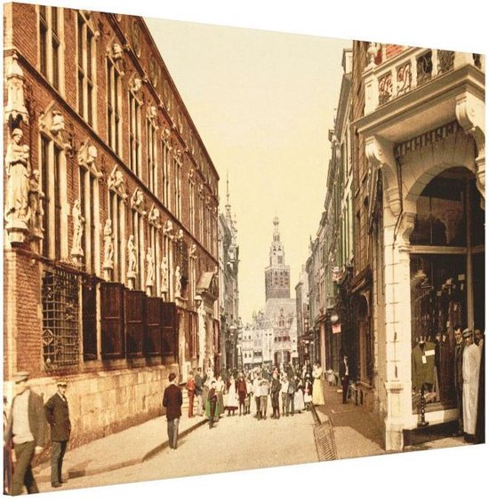 Oud Stadsgezicht Nijmegen - Stadhuis en Grote Markt - Oude Foto Print op Canvas Doek - 40x30 cm
